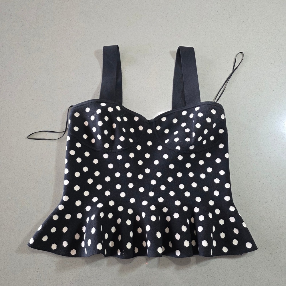 Express Body Contour Polka Dot Peplum Knit Top‎ Black White Sweetheart Size M